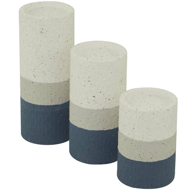 White or Blue Metal Striped Pillar Decorative Candle Holder (Set of 3)