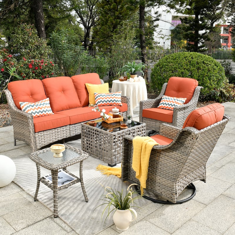 OVIOS 5 Pieces Outdoor Wicker Swivel Chair Set With Solar-Powered Table - Pit Orange/Red