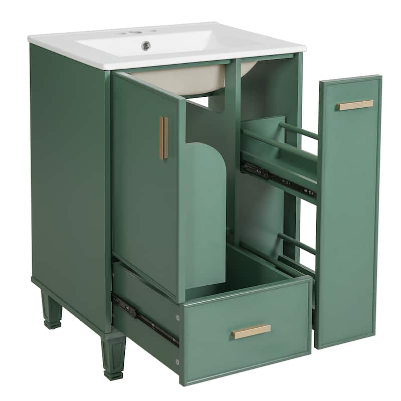 24"Bathroom Vanity with Sink, Bathroom Cabinet with Door Shelf, Deep Drawer, 2-Tier Pull-Out Basket, Solid Wood and MDF Board