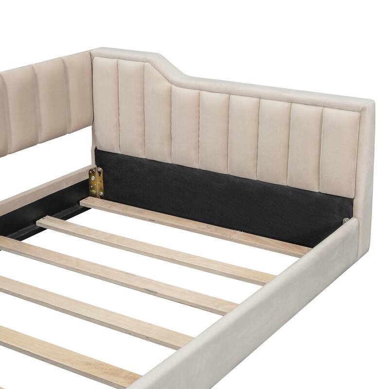 Upholstered Daybed with Sloped Arms and Side Pocket, Vertical Stripes Grounded Daybed with Wood Slat Support, Velvet Fabric