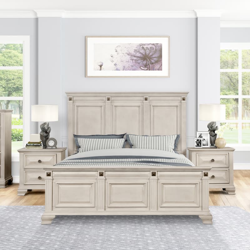 Roundhill Furniture Renova 3-Piece Distressed Parchment Wood Bedroom Set, Panel Bed with 2 Nightstands - King
