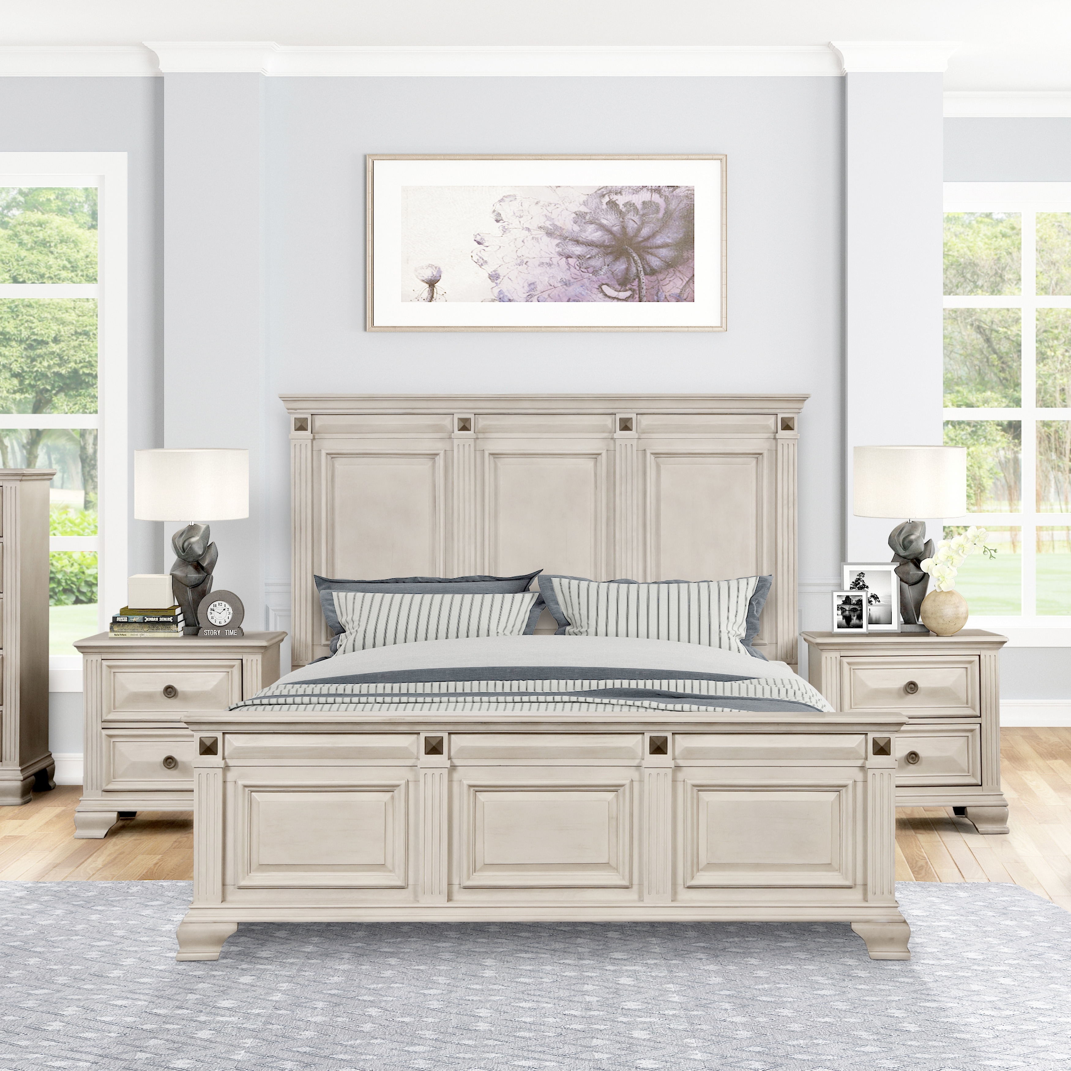 Roundhill Furniture Renova 3 Piece Distressed Parchment Wood Bedroom Set Panel Bed with 2 Nightstands
