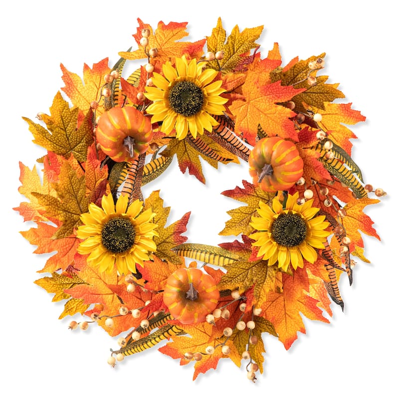 Glitzhome 24"D Fall Pumpkin Sunflower Lotus Floral & Wreath for Thanksgiving