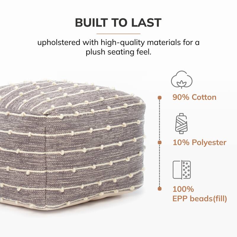 Jani Georgette 22 x 22 x 16 Gray & Ivory Square Pouf Ottoman - Handmade Footrest for Living Room, Bedroom