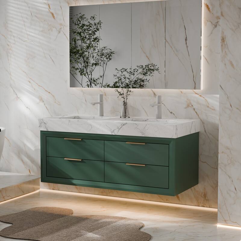 Modland 48" Floating Double Sink Bathroom Vanity with White Stone Countertop, Soft-Close Drawers, LED Lighting
