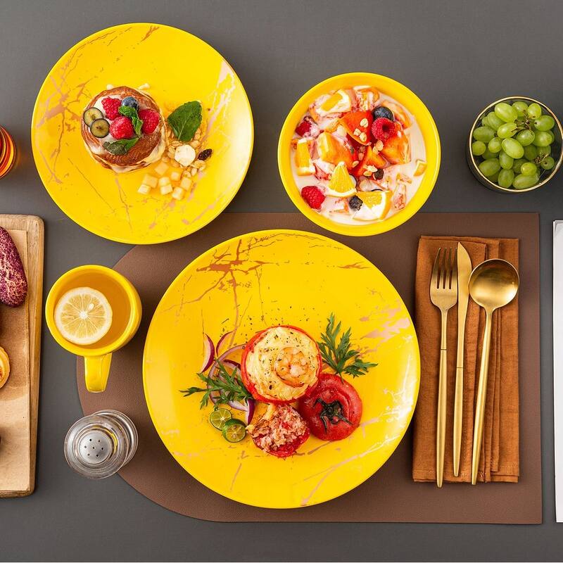 LOVECASA 16-Piece Porcelain Color Glaze with Gold Dinnerware Set