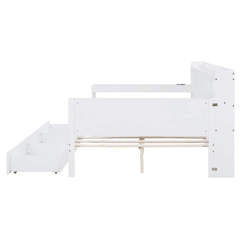 Full Size Daybed with 3 Storage Drawers & Shelves Headboard, Wooden Sofa Bed Frame with USB Ports and Desk, No Box Spring Needed