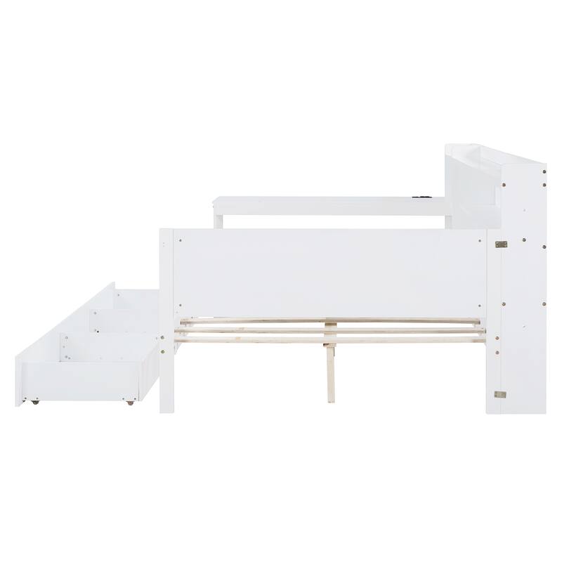 Full Size Modern Wooden Daybed with 3 Drawers, USB Ports & Desk