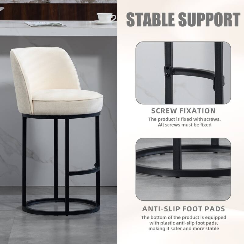 Counter Height Bar Stools Set of 2, Modern Barrel Counter Stools with Backrest, Linen Fabric Upholstered Accent Bar Stools