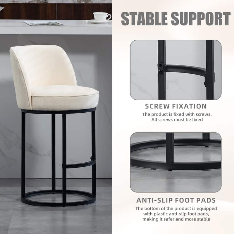 Set of 2 Modern Barrel Counter Stools with Backrest, Linen Upholstered Bar Stools for Kitchen Island