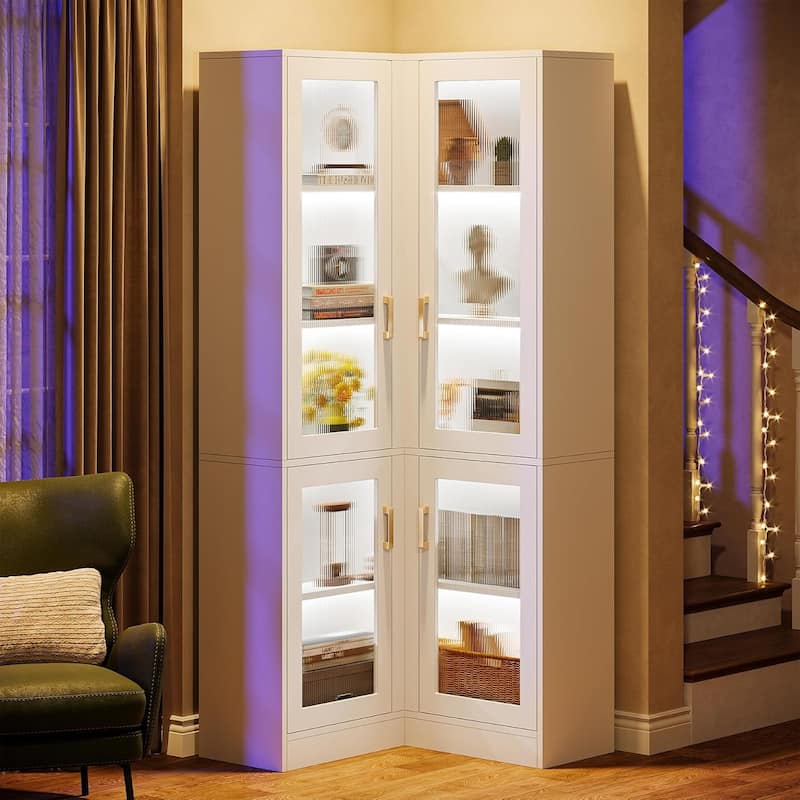 Tall Bookcase with LED Light, Modern 5-Tier Bookshelf Display Cabinet with 4 Acrylic Doors - White