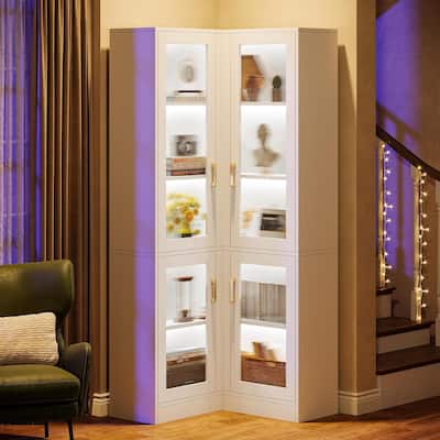 Tall Bookcase with LED Light, Modern 5-Tier Bookshelf Display Cabinet with 4 Acrylic Doors