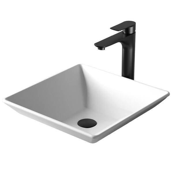 slide 2 of 10, Karran Quattro Matte White Acrylic 16 in. Square Bathroom Vessel Sink with Faucet and drain in Matte Black