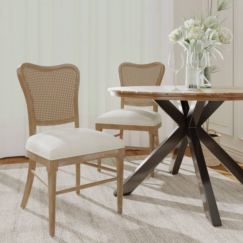 Roomfitters Rattan Back Dining Chair Set of 2, Rustic Farmhouse Style Seating, Natural