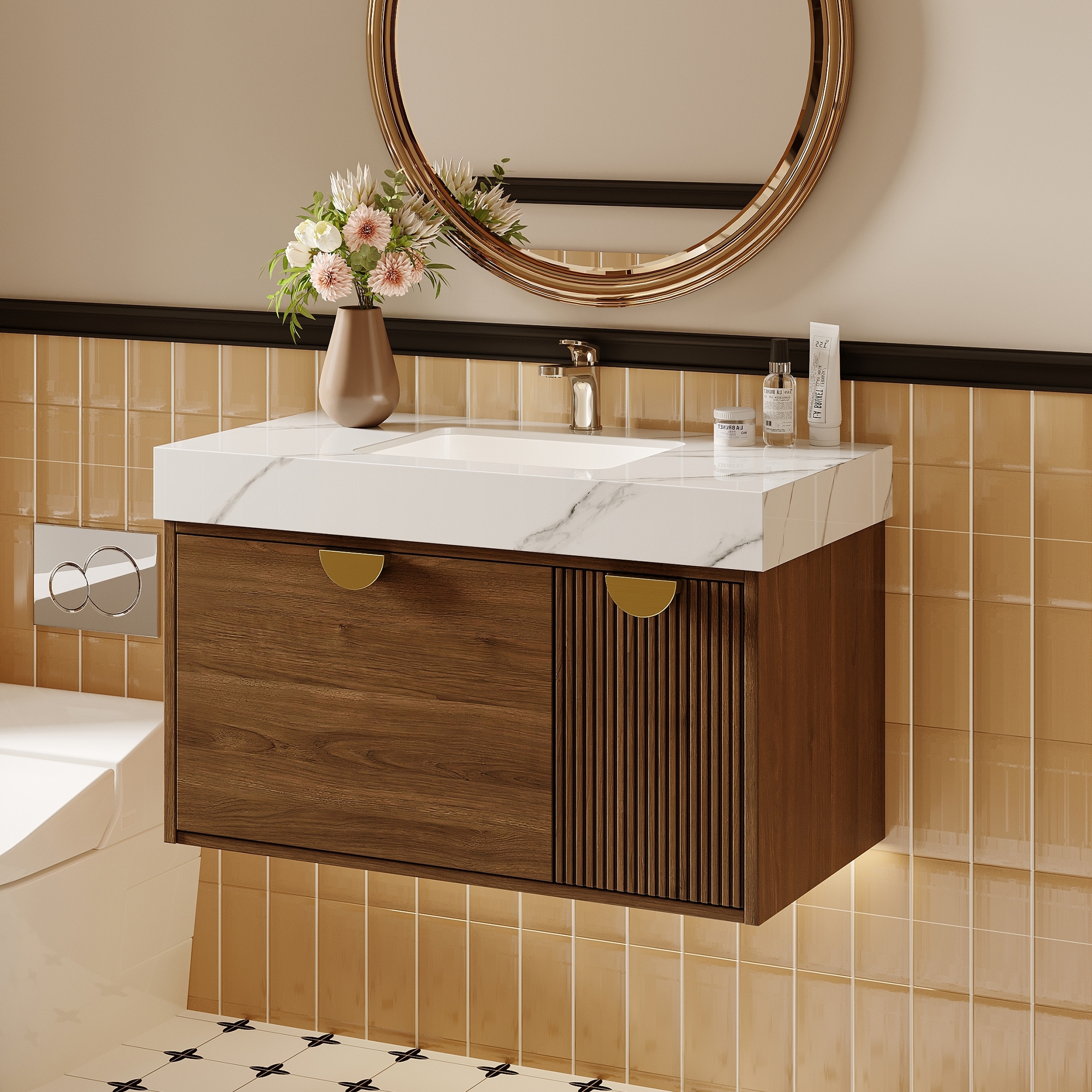 36" Single Bathroom Vanities with Sintered StoneTop, Wall Mount Vanities with Ample Storage