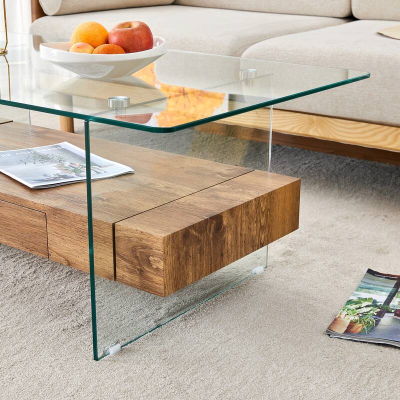 43.3 Inch Double Layer Coffee Table Storage Side Table with Open Storage Shelves, Drawers Glass Center Table End Table