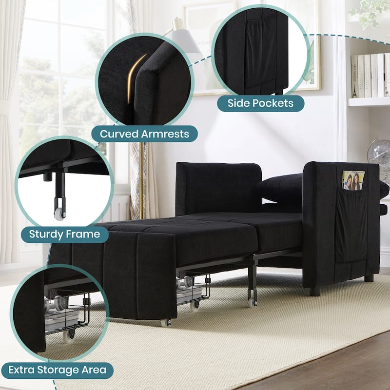 Roomfitters Convertible Sleeper Sofa with Pull-Out Bed 5-Position Adjustable Backrest Side Pockets & Storage Basket