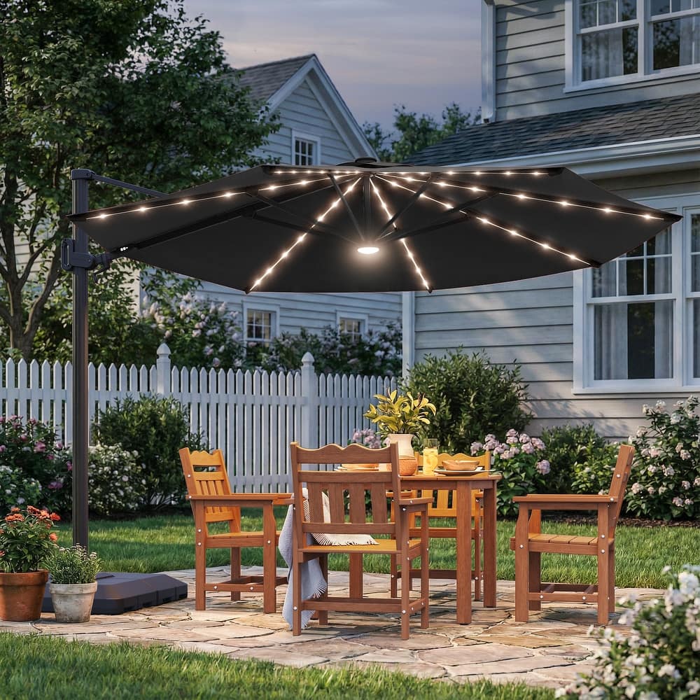 BONOSUKI 11-foot Aluminum Cantilever Patio Umbrella with Solar LED Lights and Base