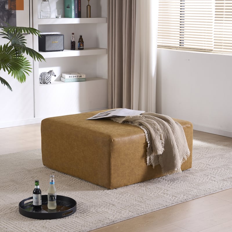 Oversized Square Ottoman Coffee Table, Faux Leather Couch Ottoman Large Footstool for Living Room