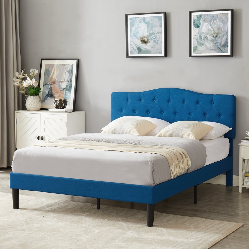 VECELO Modern Tufted Upholstered Bed Frame with Height- Adjustable Headboard,Dark Blue