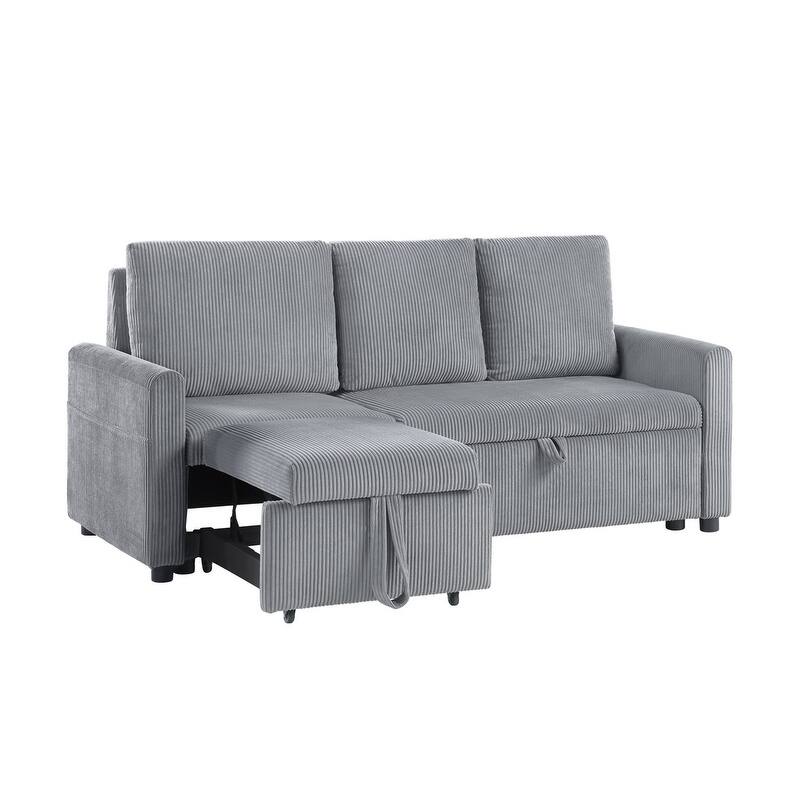 Oswin 70"W Gray Corduroy Sofa with Pull-Out Chaise, Underseat Storage, Side Pocket