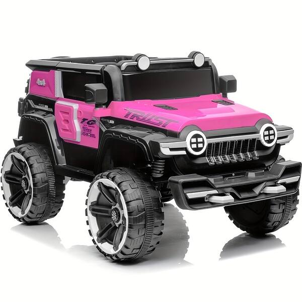 slide 2 of 5, 2 Seater Ride-On Truck, 12V Battery Powered, with Spring Suspension, Decorative Spare Tire, USB, Music, Pink Pink