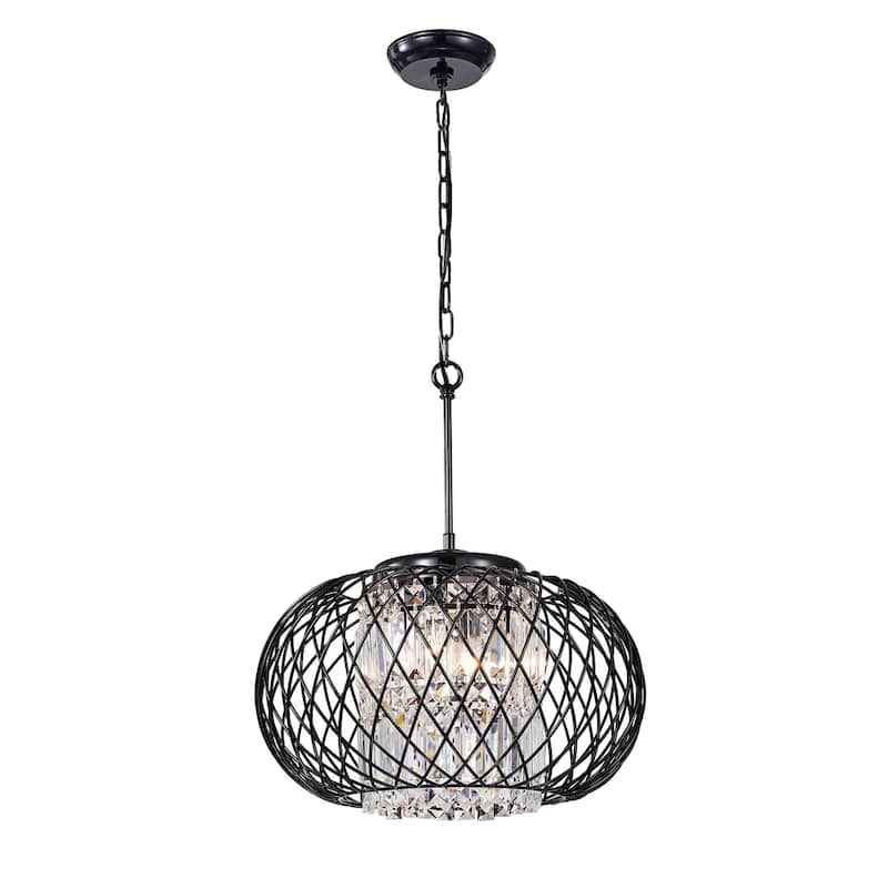 Antique Black 3-Light Round Drum Chandelier with Crystal