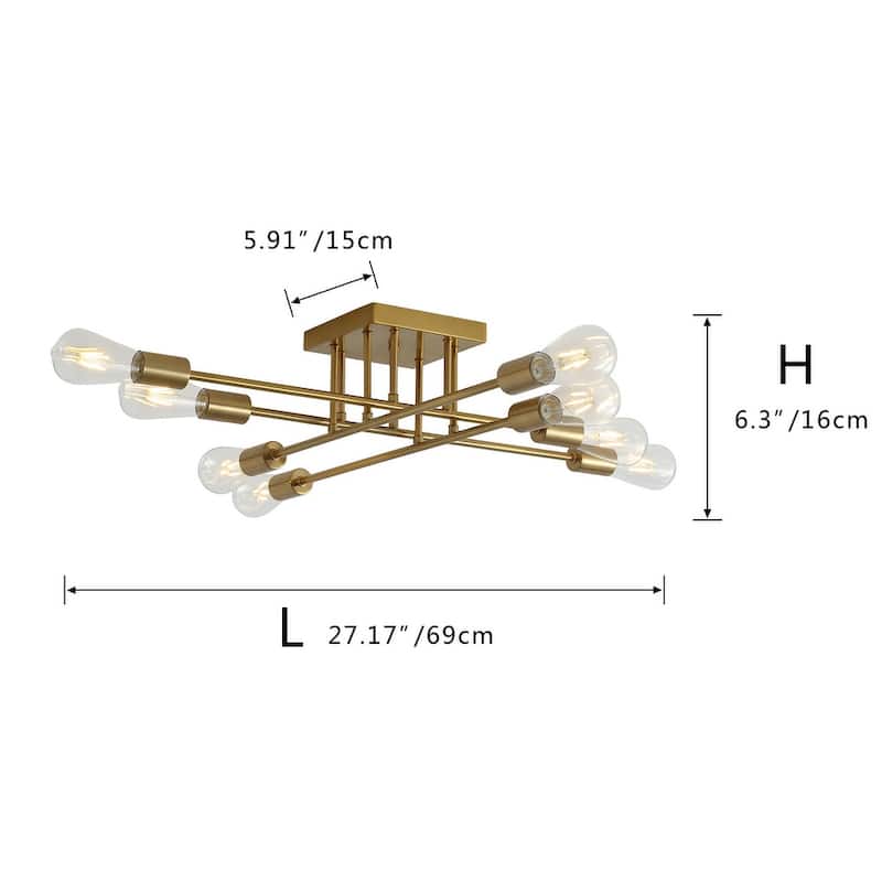 Modern 8-Light Sputnik Branches Semi Flush Mount Lighting Fixture