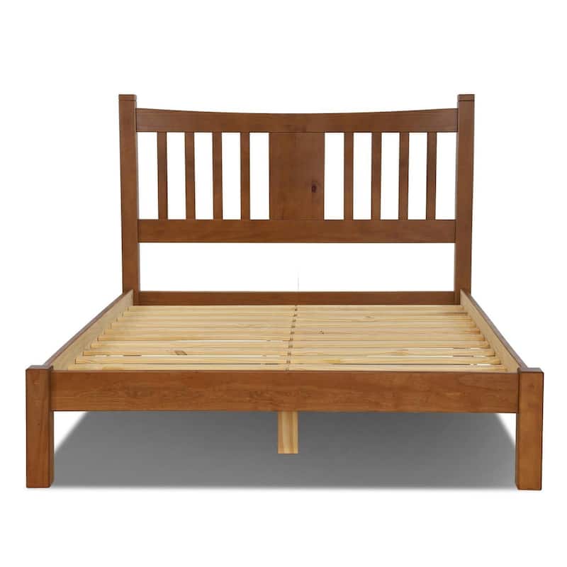Sturdy Pine Wood Farmhouse Platform Bed Frame with Headboard - Walnut - King
