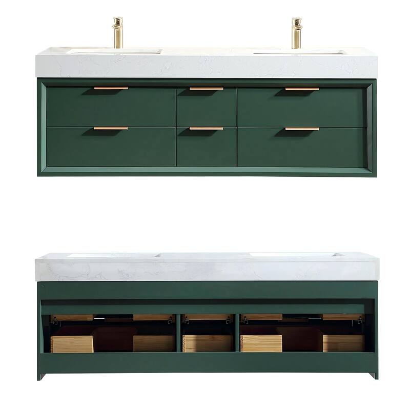 36/48/60 Modern LED Floating Bathroom Vanity with Single/Double Sink & Soft-Close Drawers & Waterproof, Green