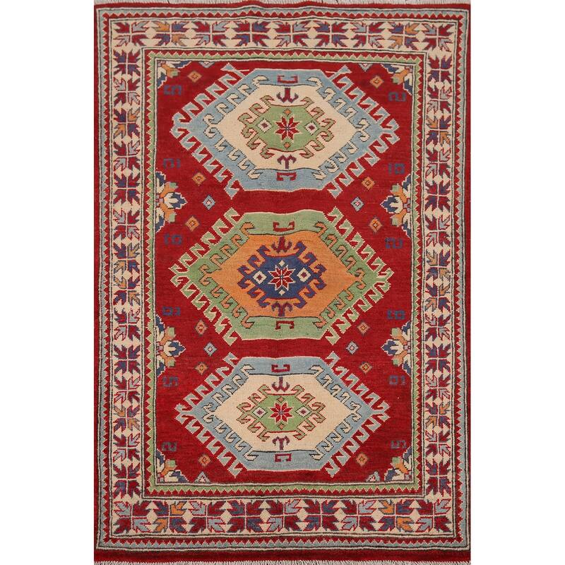 Red Geometric Kazak Foyer Rug Handmade Traditional Wool Carpet - 3'4" x 4'10"