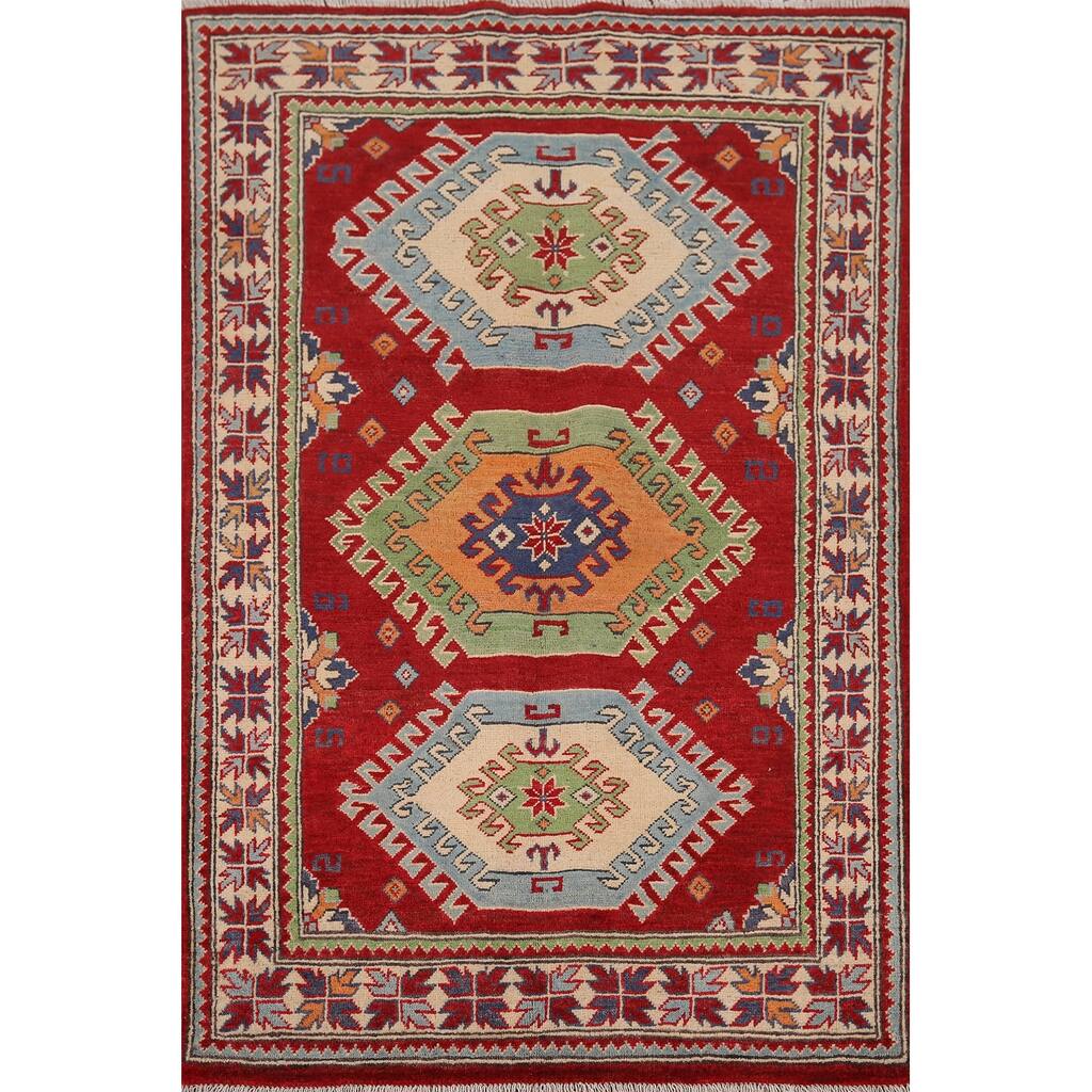 Red Geometric Kazak Foyer Rug Handmade Traditional Wool Carpet - 3'4" x 4'10"