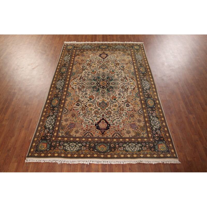 Hand Knotted Oriental 100% Wool Carpet Traditional Floral Beige & Ivories Tabriz Area Rug - 9' 2'' X 6' 3''