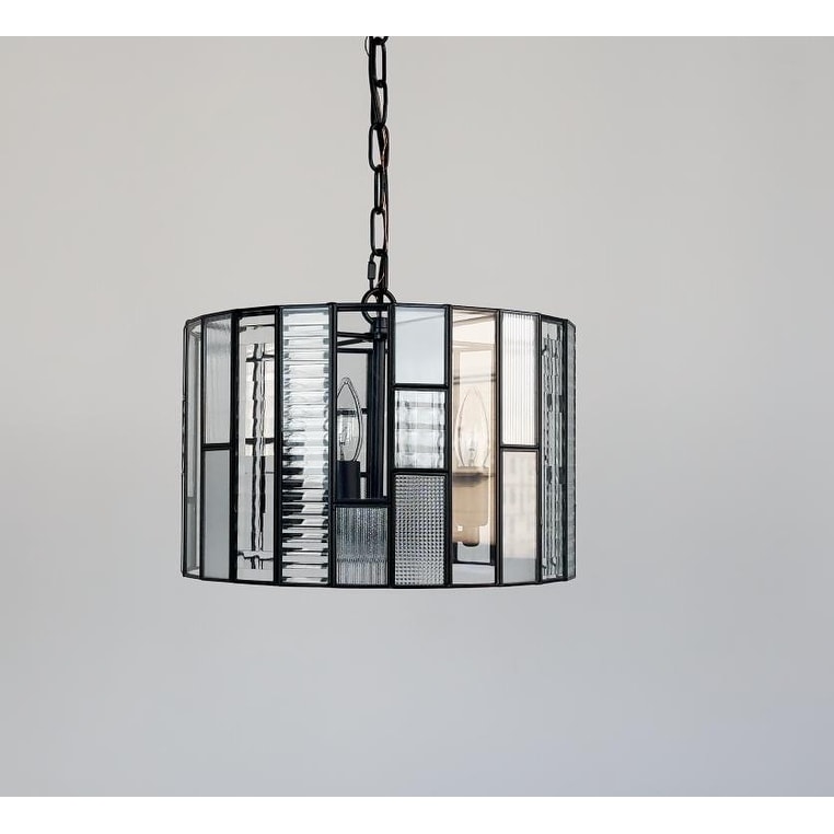 CraftHome Modern Matte Black Drum Chandelier 4-Light Art Glass Pendant with Adjustable Chain for Any Indoor Setting - W:14"