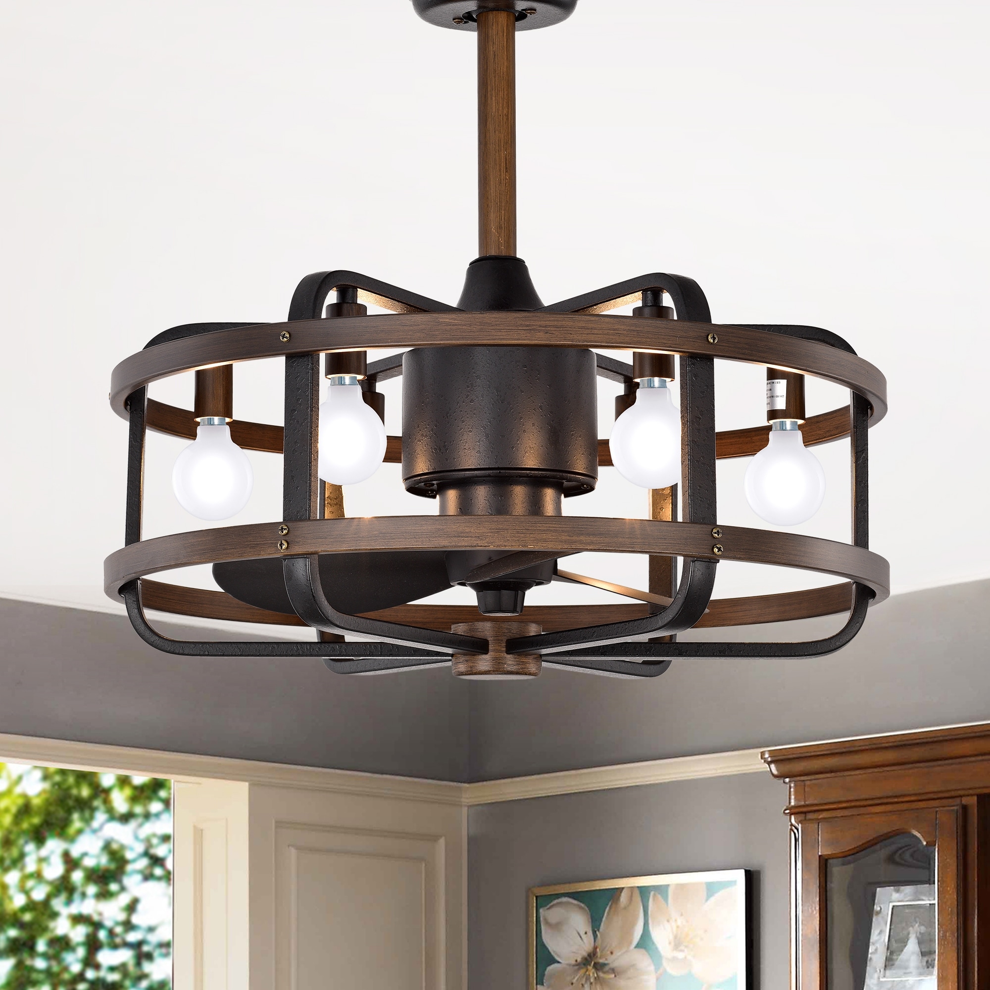 Warehouse of Tiffany Youngberg 3-blade Ceiling Fan with Caged Metal and Wood Frame (Includes Remote)