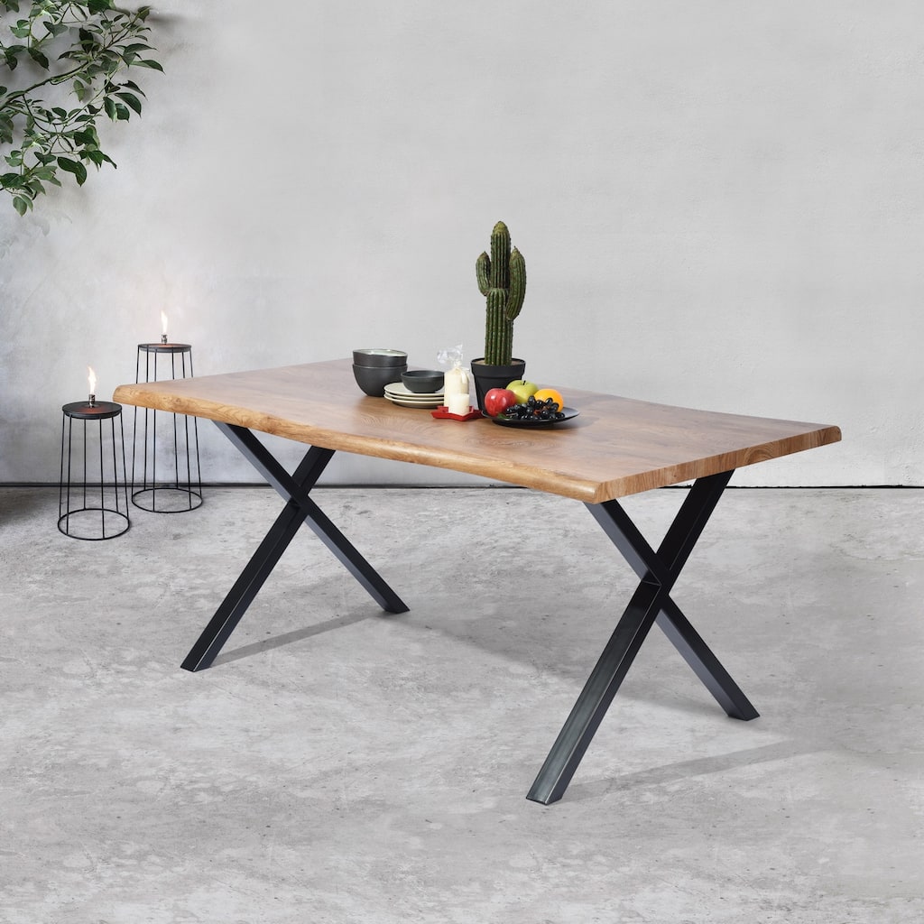63-inch Live Edge Wood Dining Table with Black X-Frame Metal Legs – Modern Industrial Dining Room Table