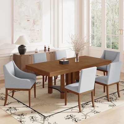 Brown 7-Piece Farmhouse Acacia Wood Dining Sets with 2 Armchairs and 4 Armless Chairs for Dining Room