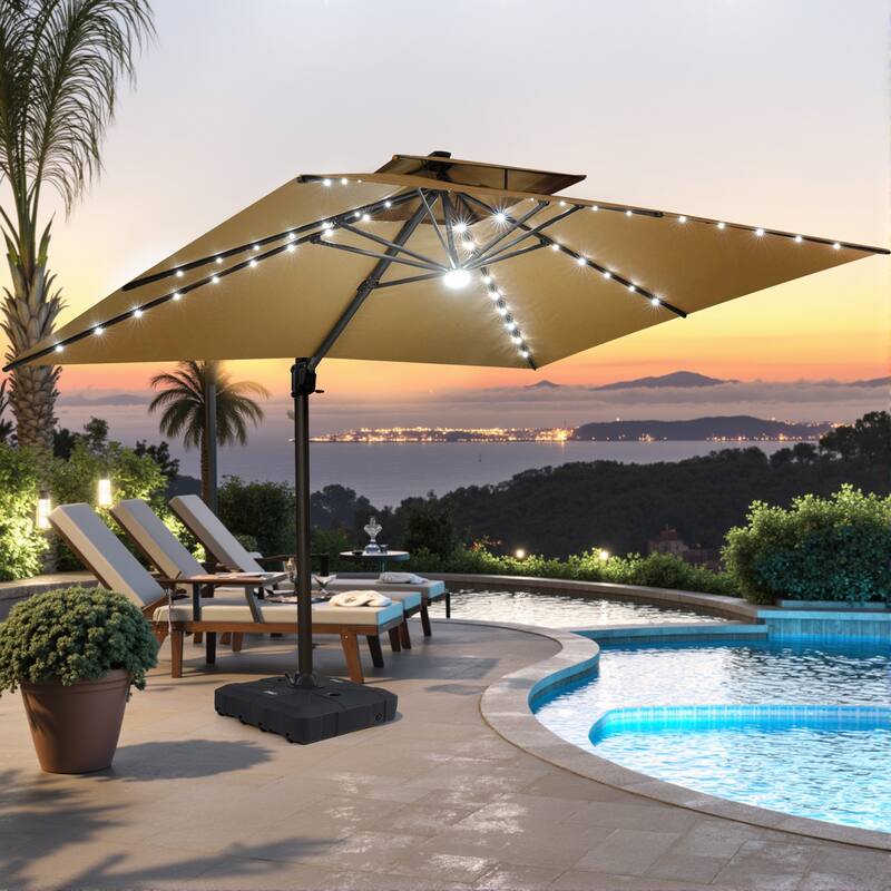 Pellebant 10 x 13FT Outdoor Rectangular Cantilever Patio Umbrella Solar LED Lighted with HDPE Base - Tan