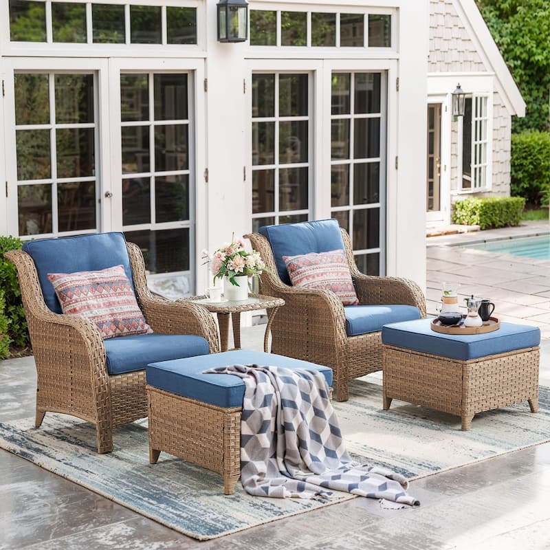 Pocassy Outdoor Patio Chairs Ottoman Table with 4 Inch Cushion - 5 Pieces Patio Chair Table w/ Ottoman - Yellow Rattan Blue Cushion