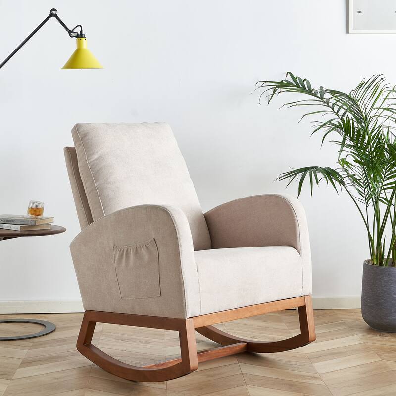 Glider Rocking Chair with Thick Padded Seat, Lounge Armchair with Side Pocket, High Back Sofa Chair with Wood Base - Beige