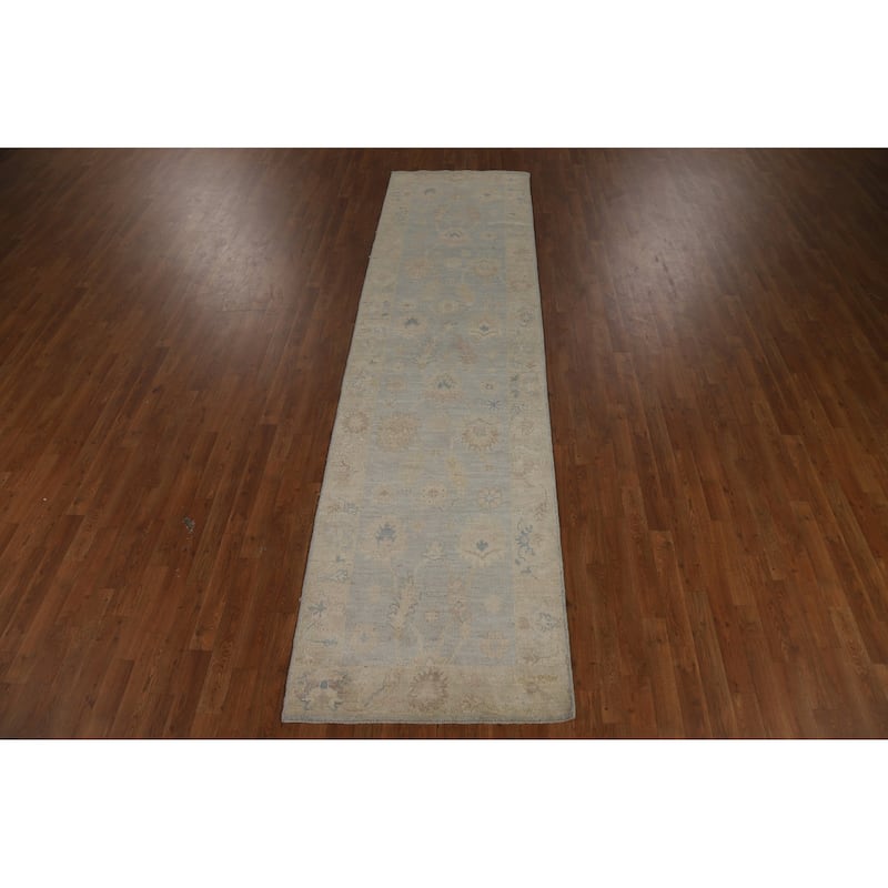 Vegetable Dye Blue Oushak Turkish Runner Rug Hand-Knotted Wool Carpet - 3'1" x 11'8"