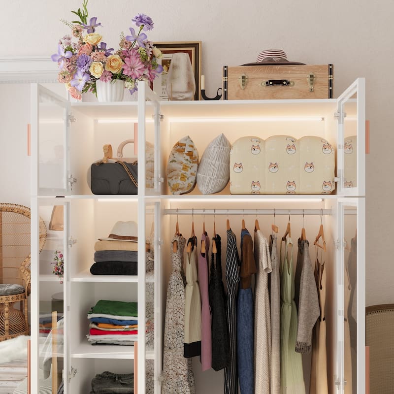 47.2" Wide Armoire LED Light All Glass Door Closet Cabinet Wardrobe