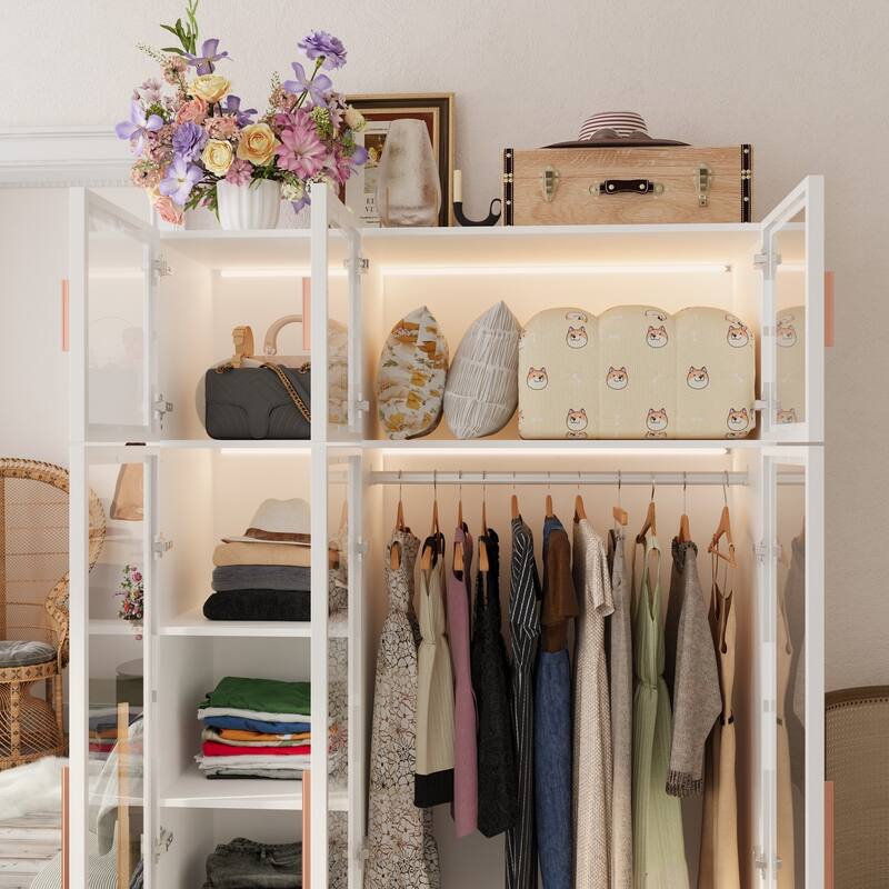 Wardrobe Armoire Wooden Closet with Tempered Glas Door With LED Light