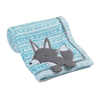 Lambs & Ivy Aqua Blue/White Luxury Fleece Baby Blanket with Appliqued Gray Fox