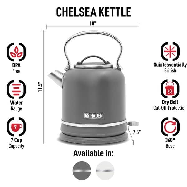 dimension image slide 0 of 2, HADEN Chelsea 1.7 Liter (7 Cup) Cordless Electric Kettle with Auto Shut-Off and Boil-Dry Protection