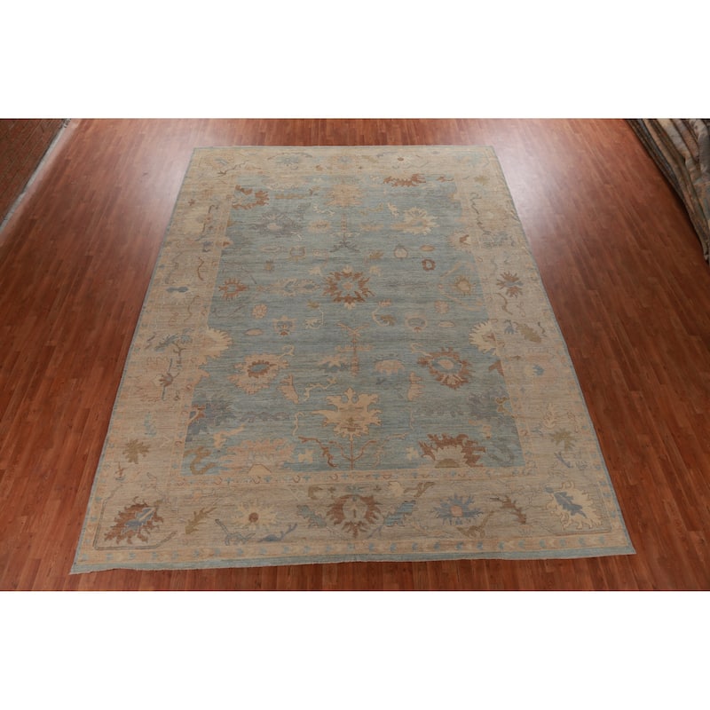 Hand Knotted Oriental 100% Wool Carpet Transitional All-Over Navy Blue & Blues Oushak Area Rug - 14' 0'' X 10' 8''