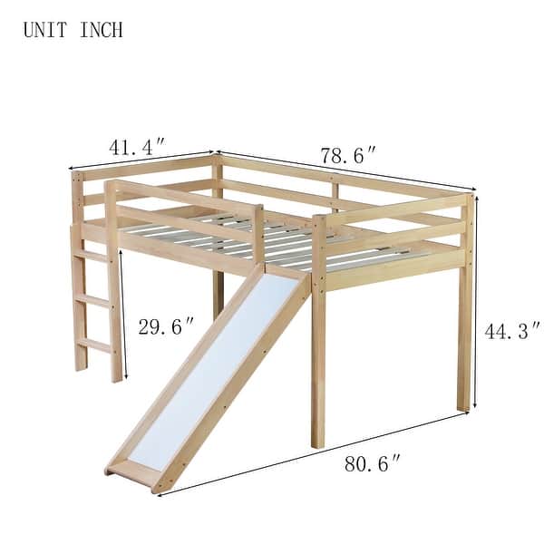 dimension image slide 1 of 3, Twin Size Solid Wood Low Loft Bed with Slide, Ladder, Safety Guardrails, and Sturdy Rubberwood Frame