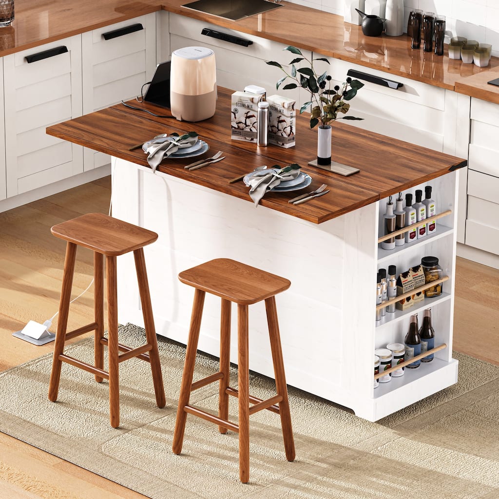 53'' Farmhouse Kitchen Island with Two Tempered Glass Cabinet Doors, Drop Leaf, 5 Open Side Racks and 3 Drawers