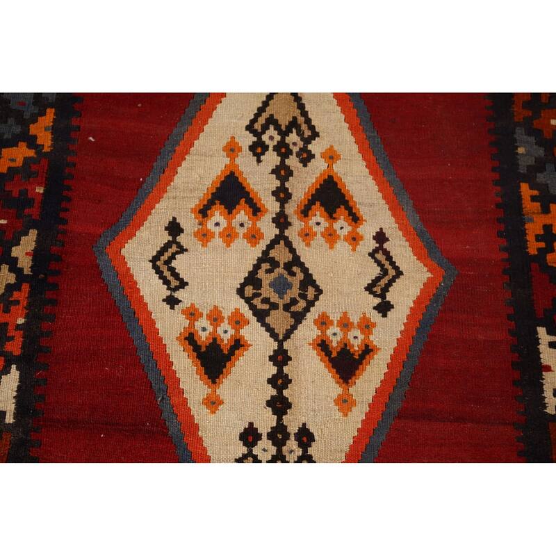 Kilim Qashqai Persian Vintage Rug Hand-Woven Tribal Red Wool Carpet - 4'9"x 8'11"