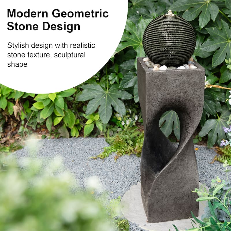 Glitzhome Modern Geometric Oversized Pedestal Sphere Polyresin Outdoor Floor Fountain with Pebbles